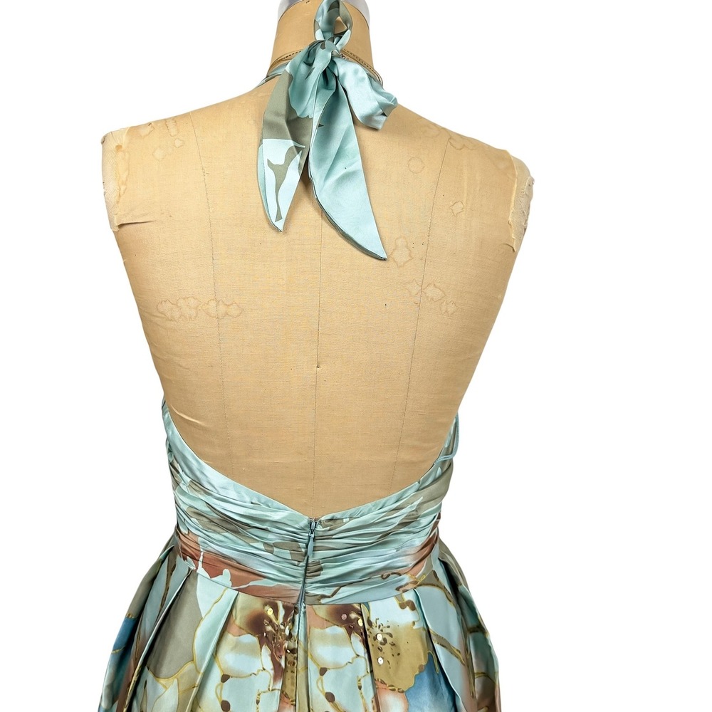 Y2K Teal Silk Floral Sequin Halter Midi A Line Dress Flowy Pleats Formal Size 8 - Picture 9 of 11